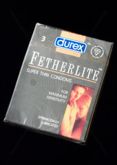 Packet of three Durex Fetherlite condoms  1995.