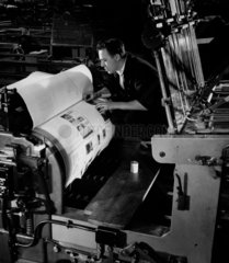 A printer makes ready on Michle printing machine  Tillotson’s  1956.
