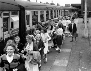 Pupils joining the special train for Norwich at Shenfield Station  June 1955.