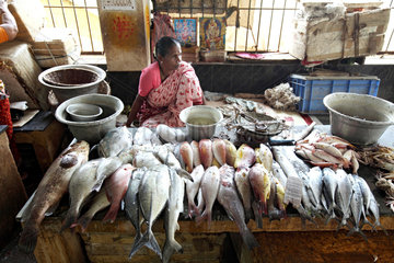 Cuddalore  Indien  Frau verkauft fangfrischen Fisch auf dem Fischmarkt