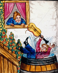 A suitor falling into a barrel of water  mid 19th century.