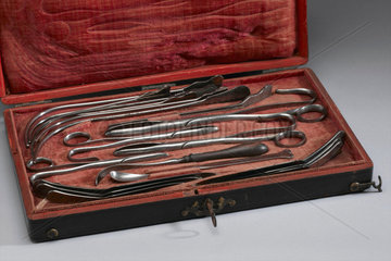 Set of lithotomy instruments in a fishskin case  c 1775.