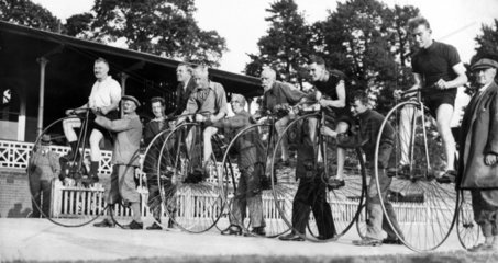 Penny farthing race  Herne Hill velodrome  London  c 1930s.