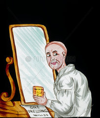 A bald man applying hair restorer  magic lantern slide  19th century.
