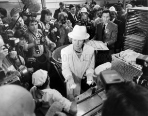 Margaret Thatcher visiting a biscuit factory  May 1987.