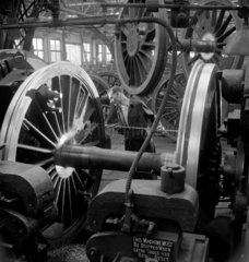 A worker checks new locomotive wheels  Swindon 1952.