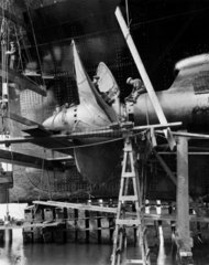 Stern frame and propeller of TS 'Queen Mary' under construction  1934.