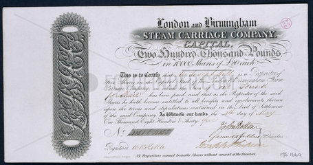 London and Birmingham Steam Carriage Co share certificate  1835.