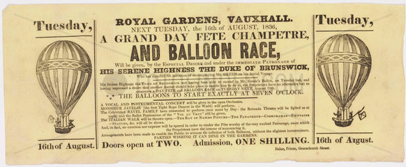 Broadsheet advertising a balloon ascent by Green  16 August 1836.