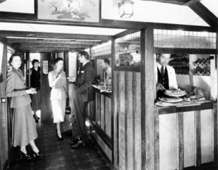 Bar scene in the Bulleid Tavern car  c 1930s.