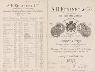 Trade card of A H Rodanet & Cie  chronometer manufacturers  c 1900.