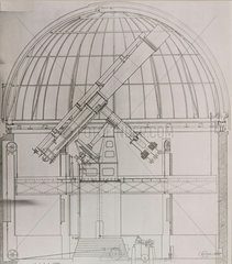 Drawing of an equatorial refracting telescope in its dome  1928.