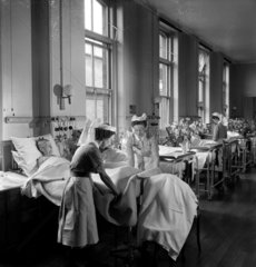 Trainee nurses making beds  Royal Free Hospital  1952.