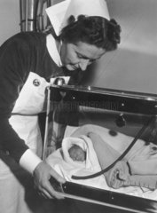 Sister with baby in incubator  30 June 1952.
