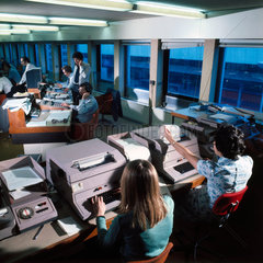 Barclays Hofex interior: teleprinter and dealers at work on telephones  1968.
