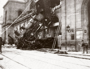 Derailed locomotive  Montparnasse Station  Paris  France  1895.