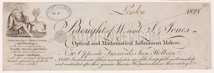 Trade card of W & S Jones  optical and mathematical instrument makers  1828.