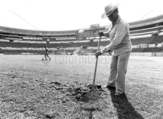 Raking the pitch in the football stadium  Monterey  Mexico  January 1986.