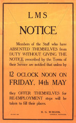 LMS staff notice threatening striking employees with dismissal  1926.