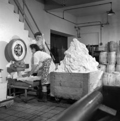 Dairymaids weighing butter in a dairy at Campbeltown  Scotland  1950.