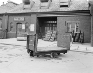 Platform trolley  parcel office  Barrow Station  Cumbria  11 February 1930.