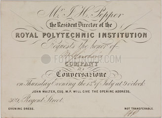 Invitation card from the Royal Polytechnic Institution to a Conversazione  c 1850s.