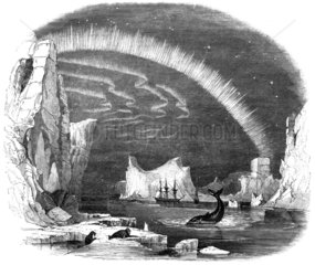 Aurora Borealis and icebergs  Arctic  1849.