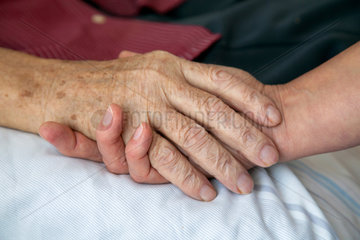Deutschland  die Hand einer Pflegerin haelt die Hand eines sterbenden Mannes