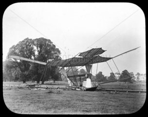 Maxim’s wrecked flying machine after its brief lift off  31st July 1894.