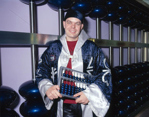 'Wizard' with giant abacus  Science Museum  London  June 2001.