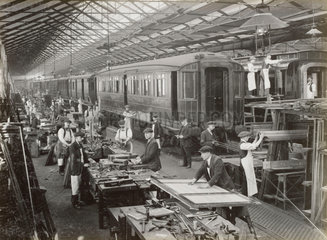 Coach repairing at Doncaster works  South Yorkshire  c 1916.