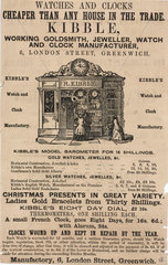 Trade card of R Kibble  watch and clock manufacturer  19th century.