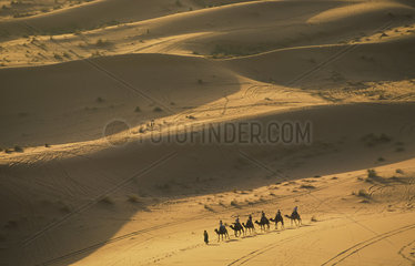 Merzouga  Marokko  Touristen bei einer Kamelsafari durch die Duenen von Erg Chebbi