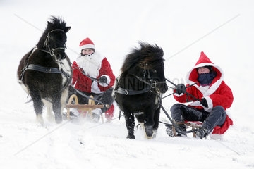 Oberoderwitz  als Weihnachtsmaenner verkleidete Frauen machen mit ihren Shetlandponies eine Schlittenfahrt