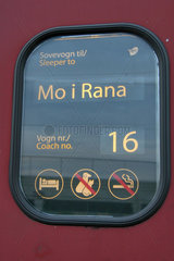 Wagenanzeiger Schlafzug von Trondheim nach Mo i Rana und Bodo (Norwegen)  Signete.