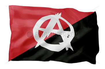 Fahne der Anarchisten rot-schwarz mit weissem A (Motiv A; mit natuerlichem Faltenwurf und realistischer Stoffstruktur)