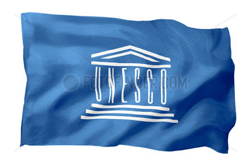 Fahne der UNESCO (Motiv A; mit natuerlichem Faltenwurf und realistischer Stoffstruktur)