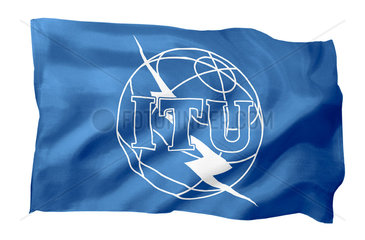 Fahne der ITU (Motiv A; mit natuerlichem Faltenwurf und realistischer Stoffstruktur)