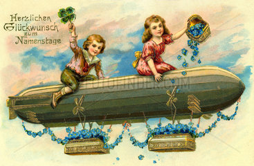 Kinder fliegen mit Zeppelin  Glueckwunsch zum Namenstag  1911