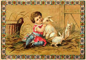 Kind spielt mit Hasen  1879