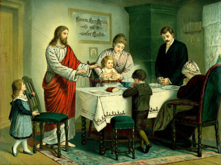 Familie beim Tischgebet  Jesus segnet Speisen  um 1890