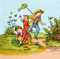 Kinder fangen Schmetterlinge  um 1870