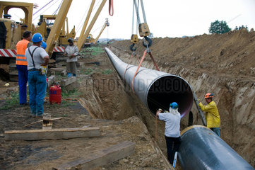 Ostseepipeline- Im Greifswalder Bodden wird die sogenannte OPAL-Verlaengerung der North-Stream-Pipeline aus dem Wasser gezogen   die von Lubmin ueber Land an die tschechische Grenze fuehrt