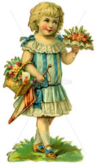 Maedchen gratuliert mit Blumenstrauss  Poesiebild  1893