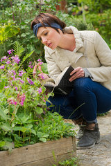 Woman crouching with book in hands  looking at flowers