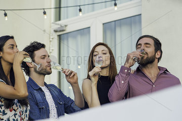 Friends drinking wine together outdoors