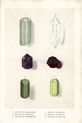 Crystals of aquamarine  quartz  amethyst  garnet  tourmaline and peridot