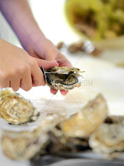 Woman shucking oyster