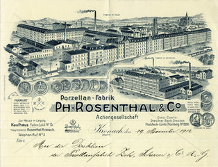 Porzellan-Fabrik Rosenthal  historische Rechnung  1912