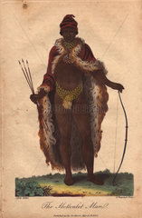 The Hottentot Man. Khoisan man of South Africa wearing animal skin and carrying a bow and arrow.
